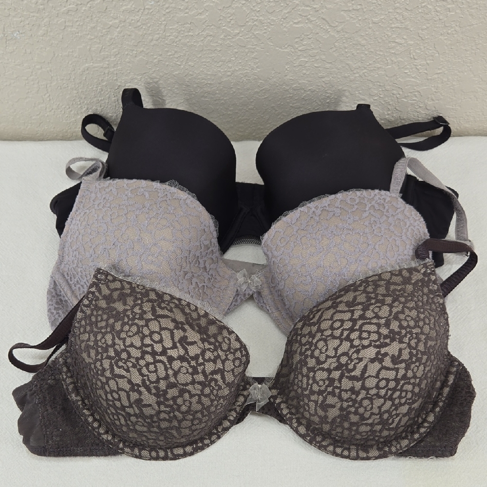 DKNY Lace and Solid Bra Trio - Black and Gray Size 36B